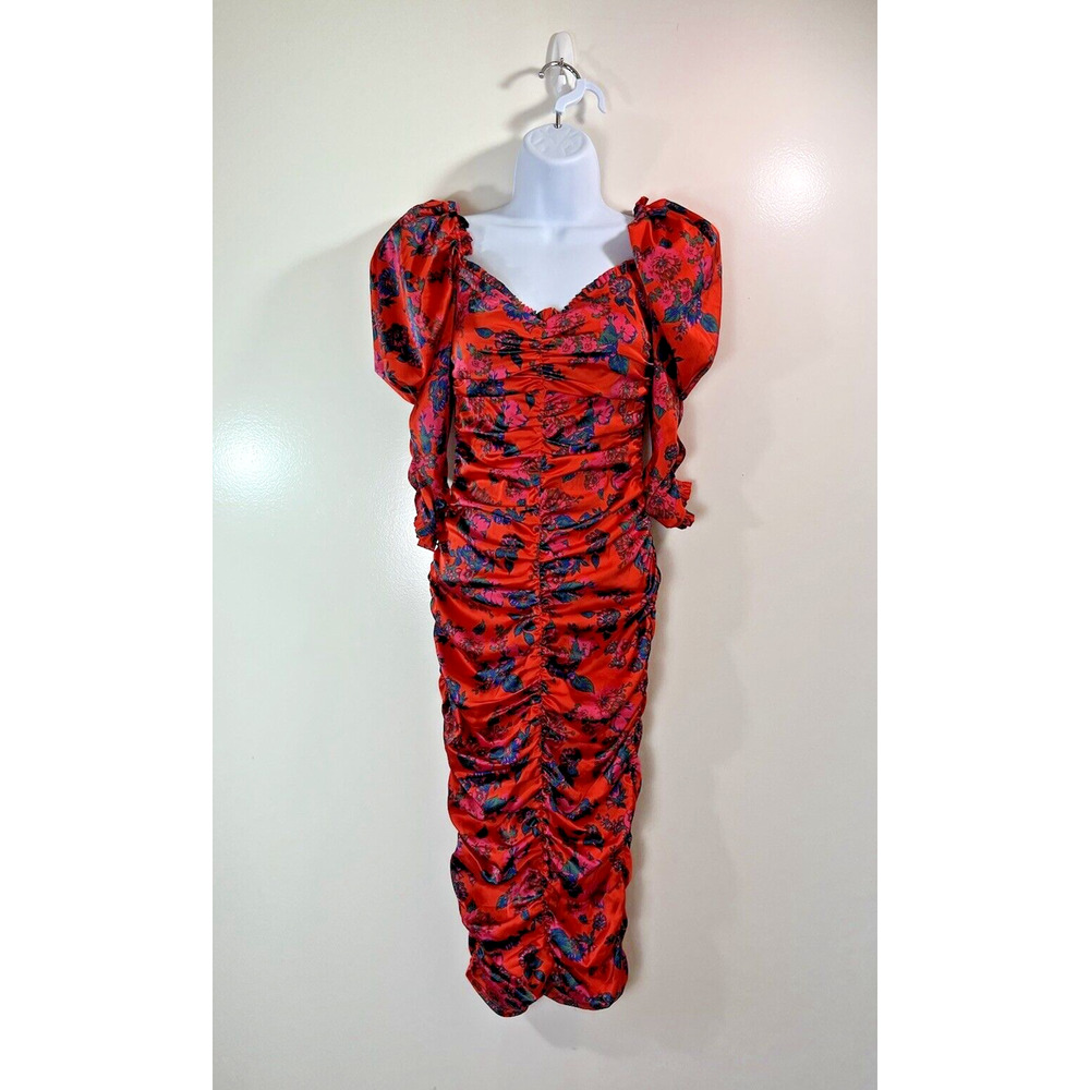 For Love & Lemons Womens Midi Dress Sz XS Red Floral Fairy Puff Sleeves Coquette